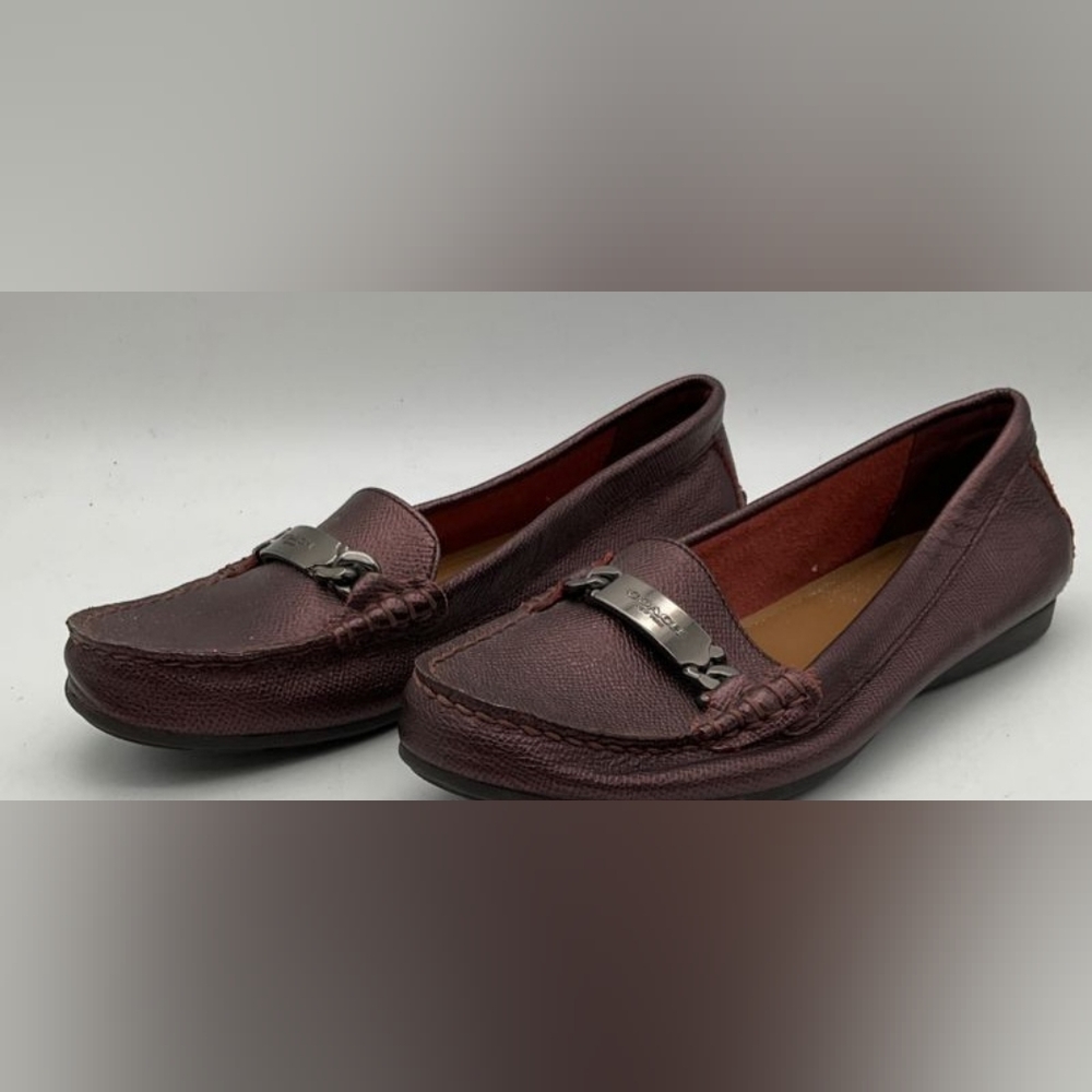 Coach Designer Olive Metallic Burgundy Crossgrain Leather Loafers Flats 6B - Picture 2 of 6